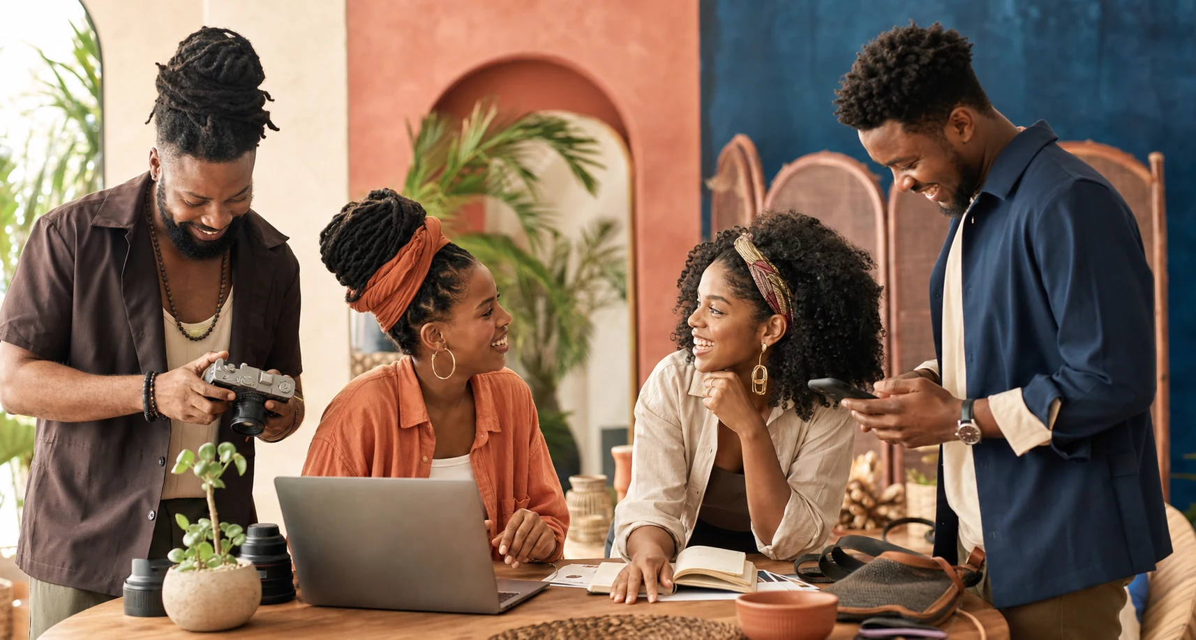 Four fictional Black Caribbean creators collaborating in a bright studio