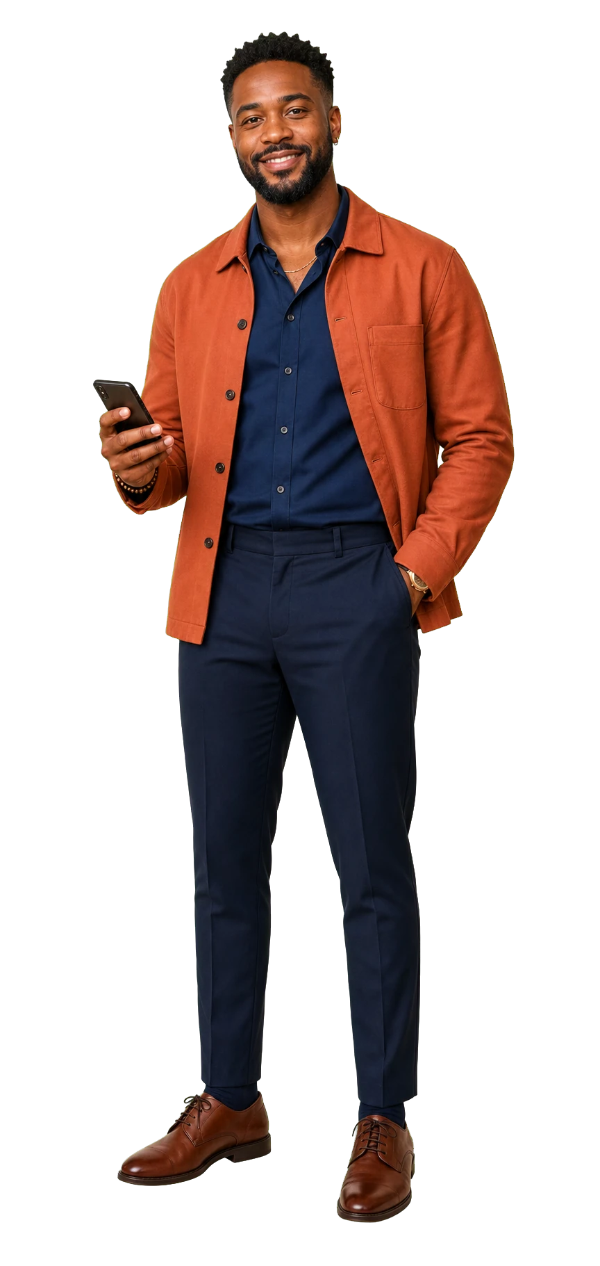 A fictional Black Caribbean man creator holding his phone
